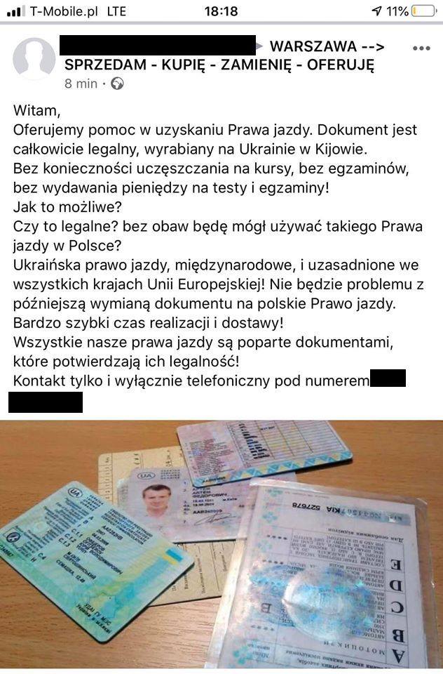 Jedno z ogłoszeń o "załatwianiu" ukraińskich praw jazdy