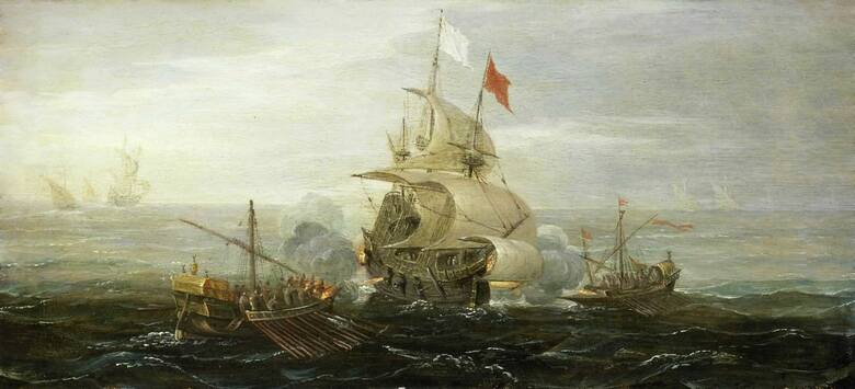 Francuski okręt atakowany przez berberyjskich piratów (obraz z 1615 roku)