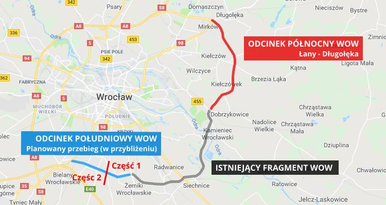 Północny odcinek Wschodniej Obwodnicy Wrocławia zaczyna się w Łanach i kończy w Długołęce.