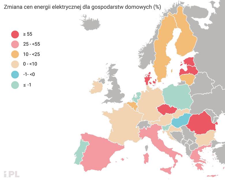 Dane Eurostatu na temat zmian cen energii w krajach UE.