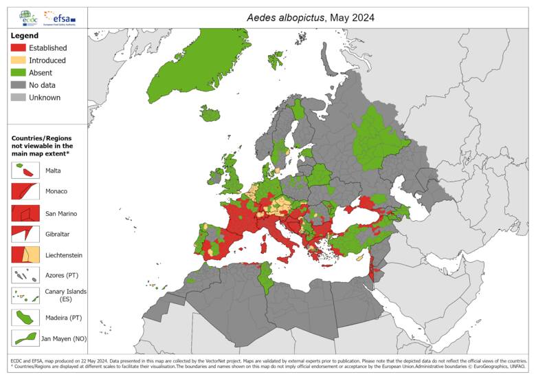 Mapa występowania komarów tygrysich w Europie