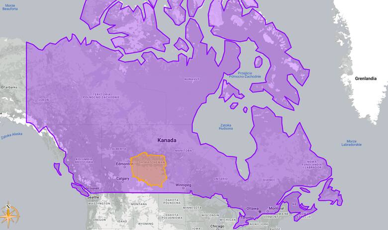 Kontur Polski naniesiony na mapę Kanady