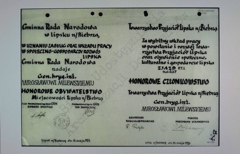 Akt nadania Milewskiemu mu honorowego obywatelstwa z 1973 r.