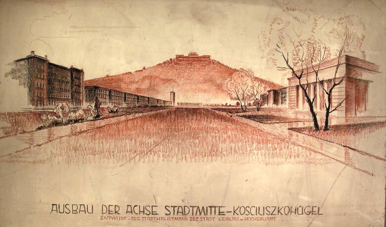 Projekt zabudowy wzdłuż Błoń, marzec 1942, rys. Georg Stahl, papier, ołówek, kredki, szkicówka
