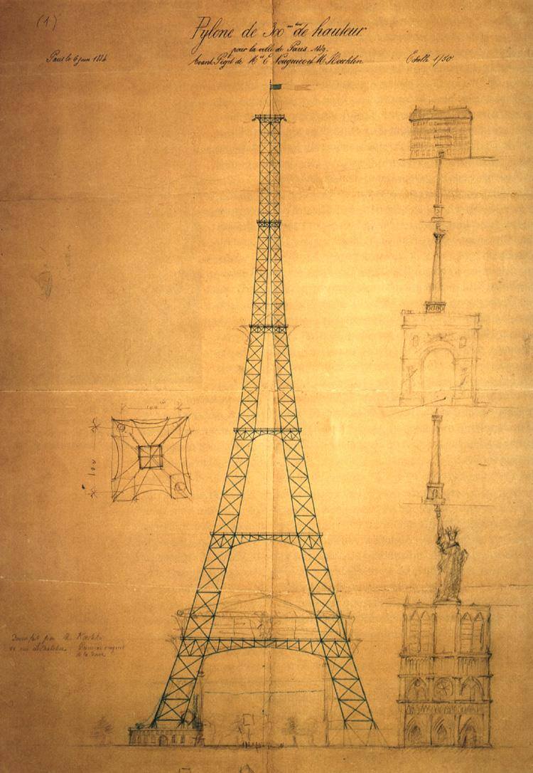 Rysunek wieży Eiffla autorstwa Maurice’a Koechlin (ok. 1884) z porównaniem jej wysokości w odniesieniu do innych jego projektów.