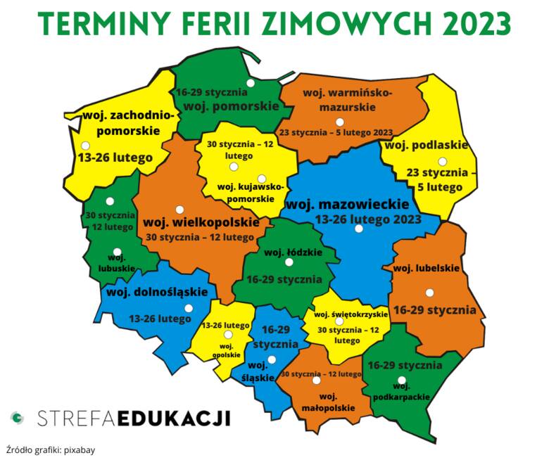 Terminy ferii zimowych 2023 we wszystkich województwach.