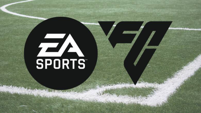 Logo EA Sports FC na tle boiska do piłki nożnej