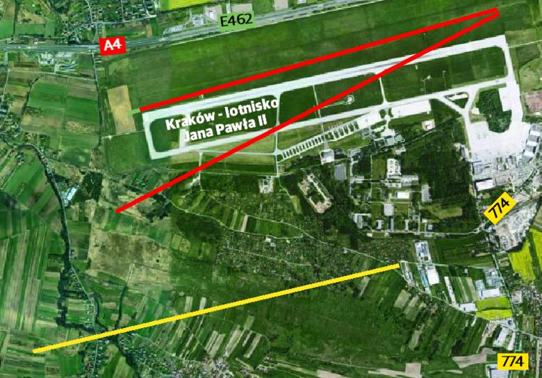 Na czerwono dwa warianty pasa analizowane przez lotnisko. Na żółto opcja, którą postulują mieszkańcy
