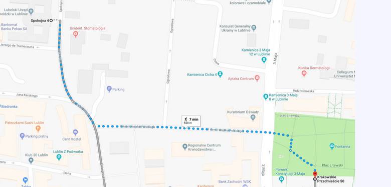 Jeden z internautów rozrysował trasę którą trzeba pokonać z LUW na plac Litewski. Do przebycia jest około 550 metrów