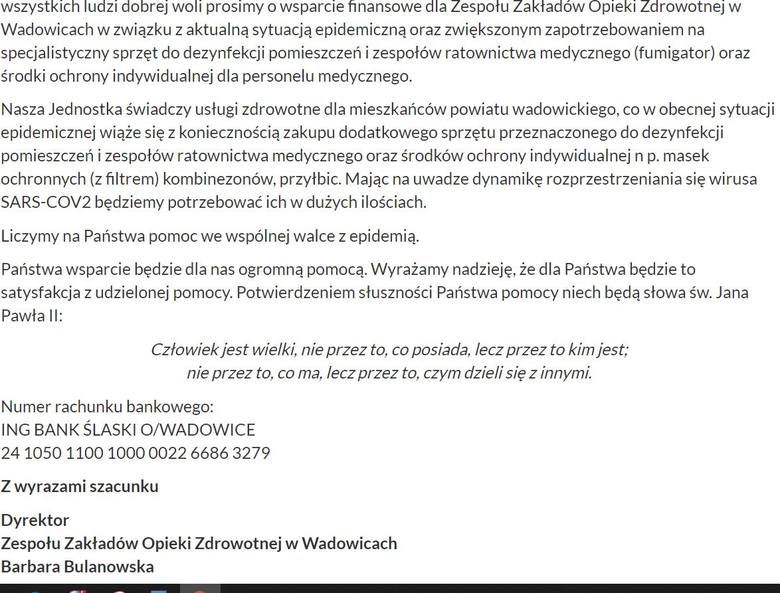 List otwarty dyrektor szpitala w Wadowicach