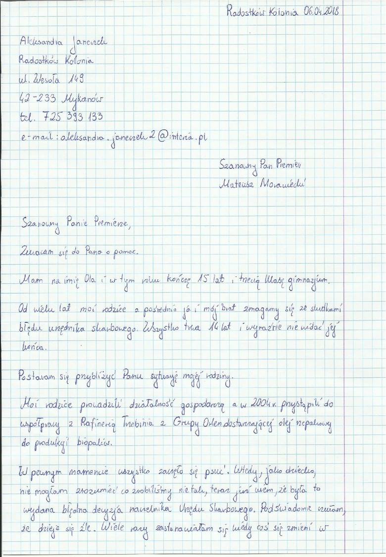 List nastolatki spod Częstochowy do premiera Morawieckiego. Błąd urzędnika skarbowego zniszczył firmę ojca Roberta Janeczka, niszczy rodzinę