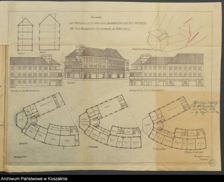 Projekt fasad budynków na rogu dzisiejszych ul. Zwycięstwa i ul. Dworcowej, 1924 r.