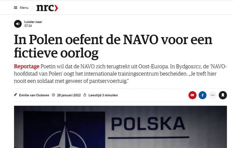 Nagłówek z niderlandzkiego dziennika NRC mówiący o tym, że w Polsce NATO szkoli się do fikcyjnej wojny.