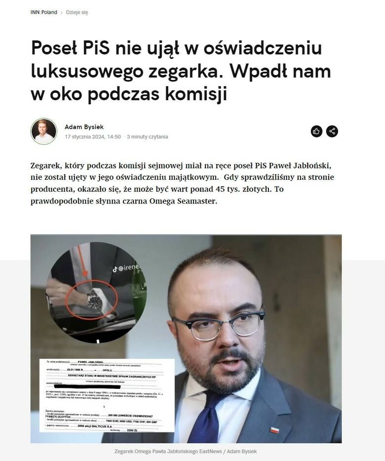 Zrzut ze strony INN Poland z podpisem wskazującym, że Paweł Jabłoński ma Omegę