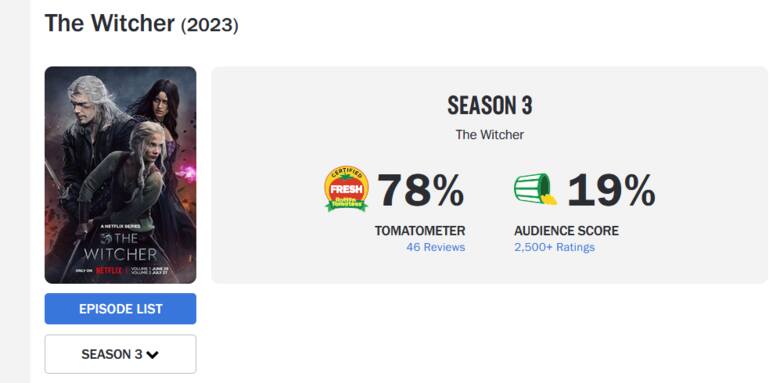 Screen z Rotten Tomatoes - 3 sezon Wiedźmina