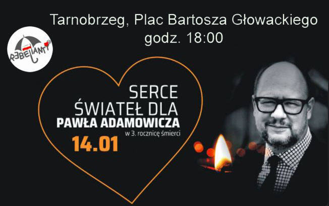 Mieszkańcy Tarnobrzega upamiętnią zamordowanego prezydenta Gdańska Pawła Adamowicza. 14 stycznia ułożą serce świateł