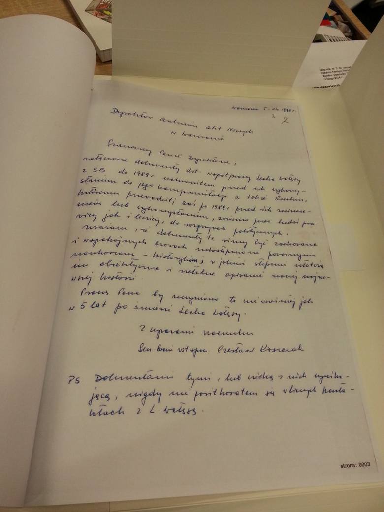List gen Czesława Kiszczaka do dyrektora Archiwum Akt Nowych, 1996 r.