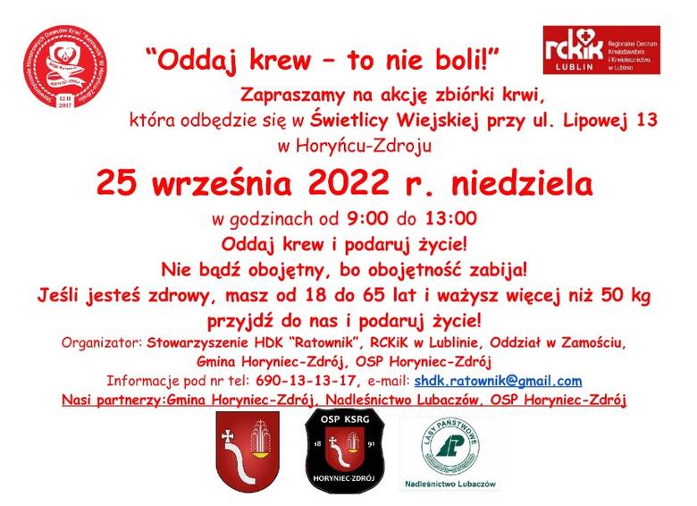 Akcja zbiórki krwi w Horyńcu-Zdroju. Nie może Was zabraknąć! Przyjdź i uratuj życie!