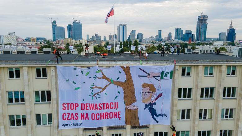 Akcja Greenpeace na dachu budynku Ministerstwa Środowiska. Domagają się ochrony starych lasów w Polsce