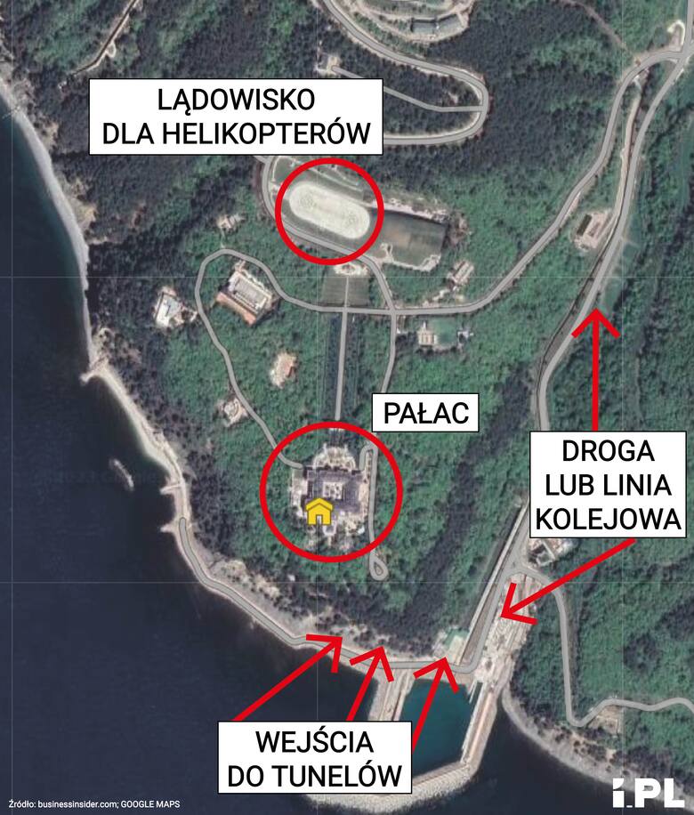 Zdjęcie satelitarne pałacu Putina i najbliższej okolicy.