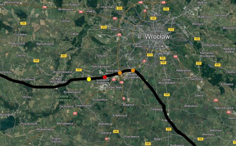Między Kątami Wrocławskimi a Wrocławiem planowane są: przebudowa węzła Bielany Wrocławskie i Wrocław Południa (kolor pomarańczowy), likwidacja węzła