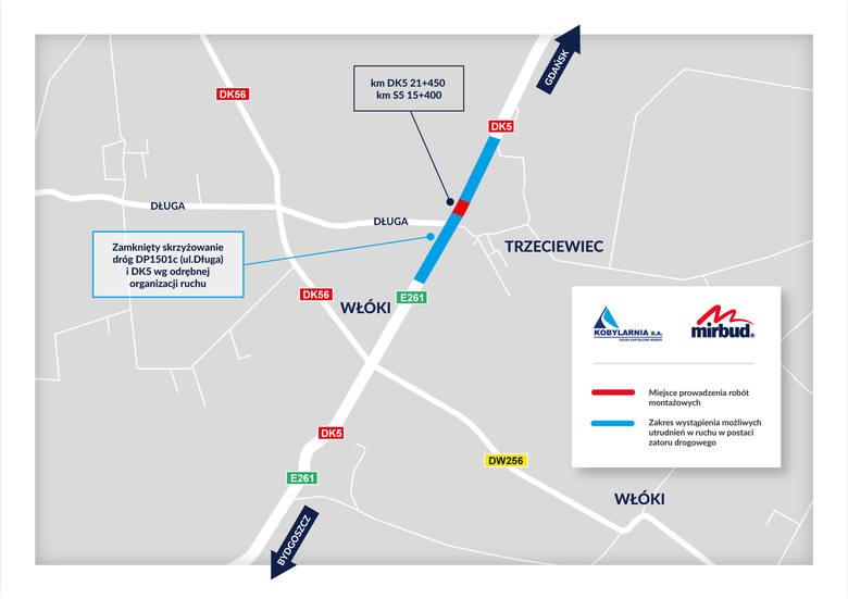 W związku z budową trasy S5 pod Bydgoszczą w poniedziałek w nocy zostanie wyłączony z ruchu odcinek krajowej "5" w miejscowości Tr