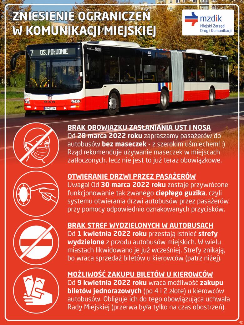 Radom. W autobusach komunikacji miejskiej od 9 kwietnia znów będzie można kupować bilety. Zniesione zostaną też inne ograniczenia