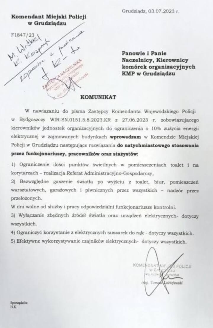 Pismo Komendanta Policji w Grudziądzu o poleceniach wz. z  ograniczeniem zużycia prądu w komendzie