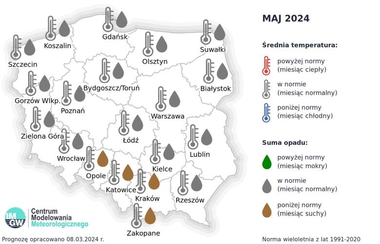 Długoterminowa prognoza pogody od IMGW na maj 2024.