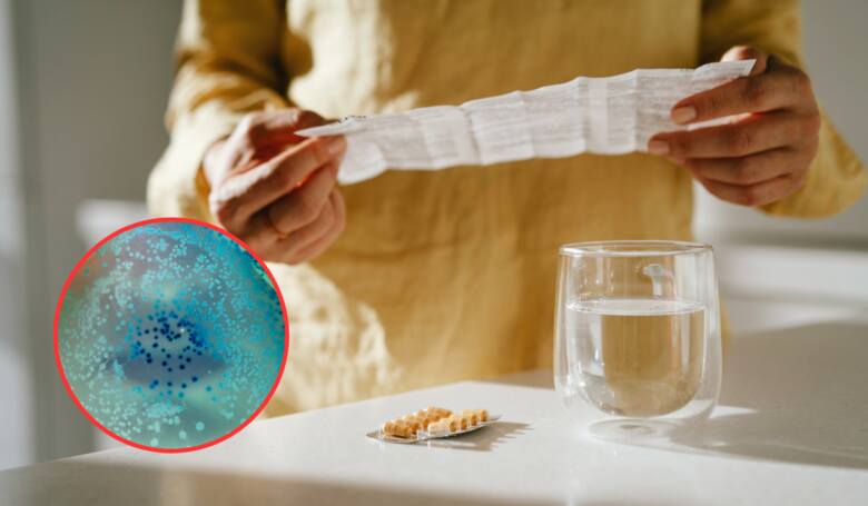 Kobieta stojąca przy stole z ulotką w ręku, na stole tabletki, w kółku bakterie E. coli