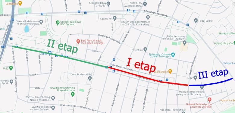 Ulica Olszewskiego zostanie wyremontowana w trzech etapach: od ul. Spółdzielczej do ul. Gersona (I etap), od ul. Chełmońskiego do Spółdzielczej (II etap)