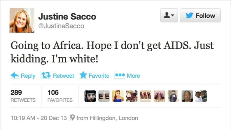 Ten tweet został wysłany przez Justine Sacco przed wylotem do Afryki. Zanim zdążyła wylądować, wpis wywołał internetową burzę i doprowadził do zrujnowania