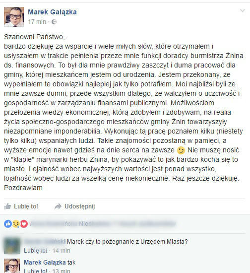 Doradca burmistrza Żnina Marek Gałązka zwolniony z pracy w urzędzie. Przyczyna? - Utrata zaufania 