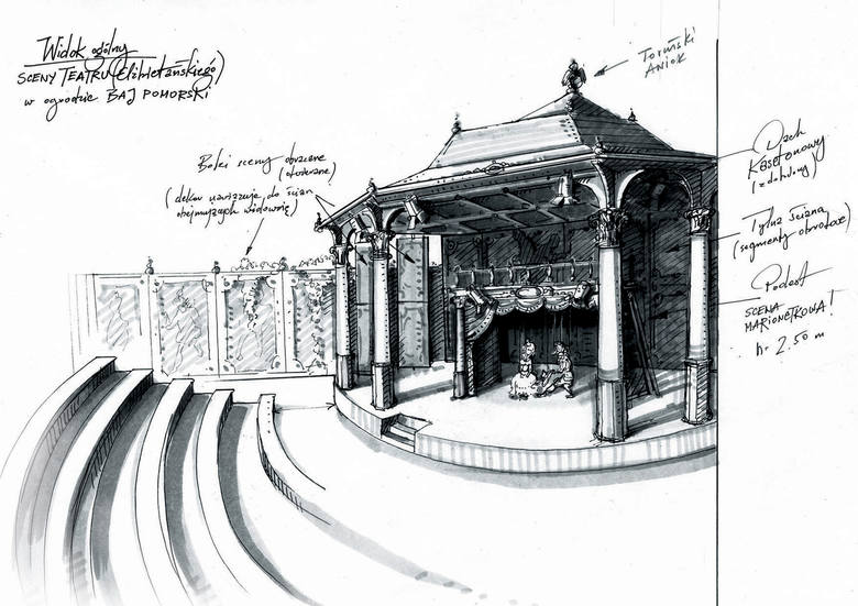Scena Szekspirowska w ogrodzie Baja Pomorskiego, stylizowana na londyński Teatr „The Globe”, ale z elementami korespondującymi z architekturą Torunia.
