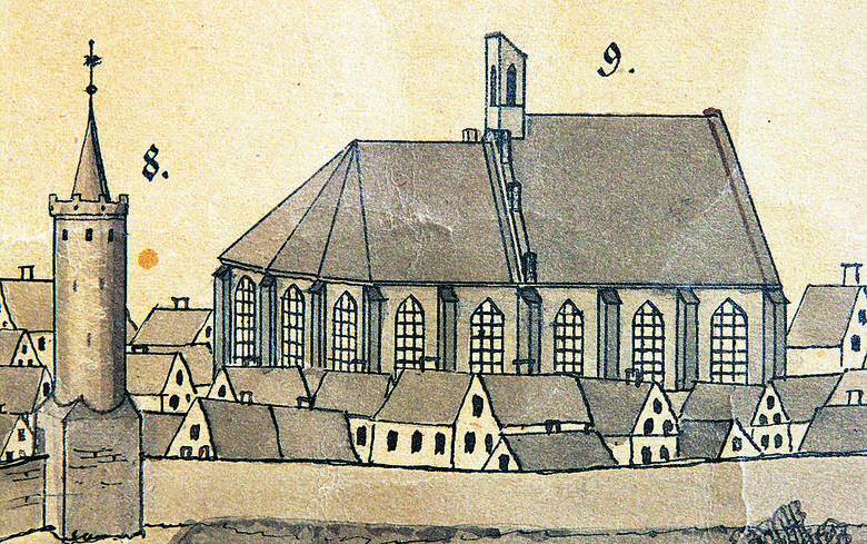 Kościół augustianów na grafice z około 1731 r. Świątynia, głównie z powodu złego stanu technicznego, została rozebrana na przełomie 1819 i 1820 roku. Materiały z rozbiórki posłużyły do utwardzenia dróg.