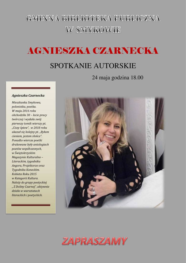 W piątek w Smykowie spotkanie autorskie z udziałem Agnieszki Czarneckiej