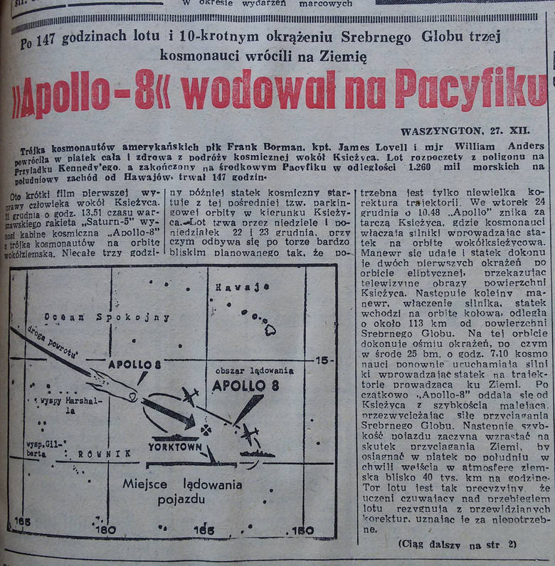 Dziennik Zachodni z 28 grudnia 1968 o powrocie Apolla 8 na Ziemię