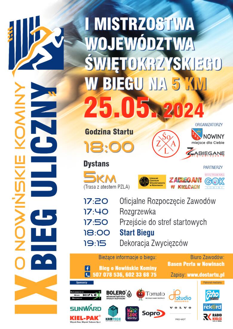 W sobotę 25 maja odbędzie się 9 Bieg Uliczny O Nowińskie Kominy. Będą to I Mistrzostwa Województwa Świętokrzyskiego w biegu na 5 kilometrów 