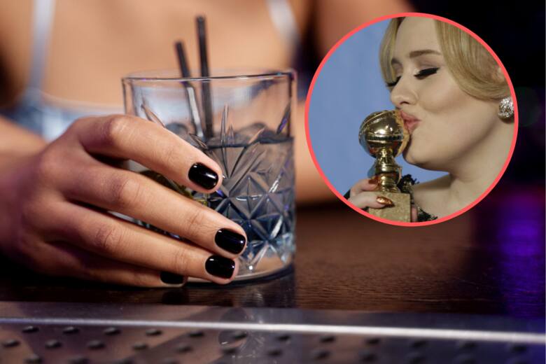 Drink w kobiecej dłoni, w kółku wokalistka Adele
