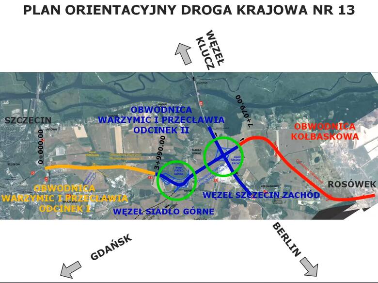 Na żółto zaznaczono będący w budowie I etap obwodnicy Warzymic i Przecławia. Na niebiesko widać przebieg II etapu, łącznie z nowym węzłem "Szczecin