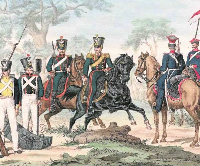 Armia Królestwa Polskiego w 1831 r.  Rysunek Walerego Eliasza-Radzikowskiego. W środku w zielonych mundurach żołnierze artylerii konnej.