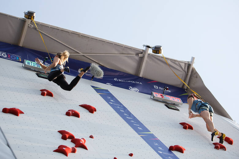 Aleksandra Mirosław i Natalia Kałucka podczas wspinaczki na czas igrzysk europejskich w Tarnowie