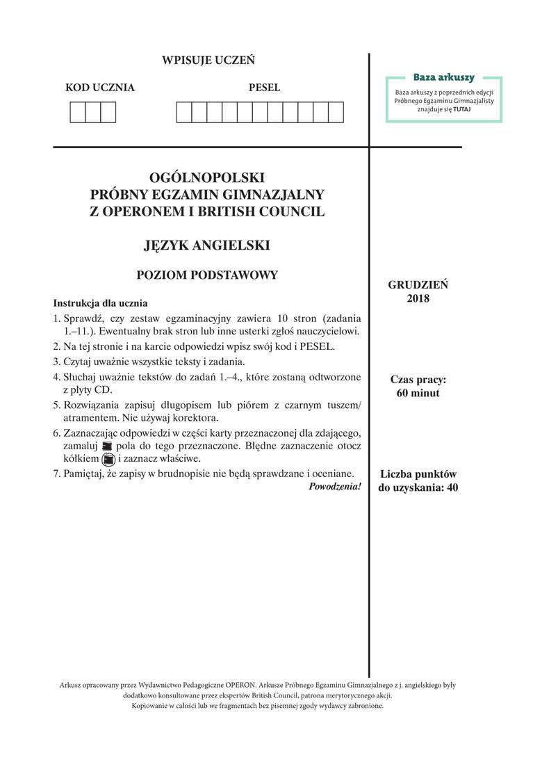 Próbny egzamin gimnazjalny 2018 OPERON: ANGIELSKI PODSTAWOWY - arkusz zadań i klucz odpowiedzi ...