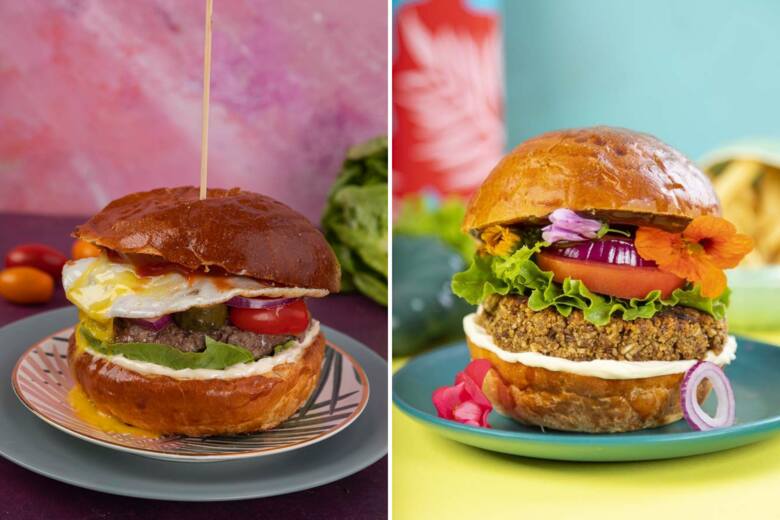 Na Światowy Dzień Burgera warto zrobić burgera wołowego i burgera wegańskiego z grzybów i brązowego ryżu.