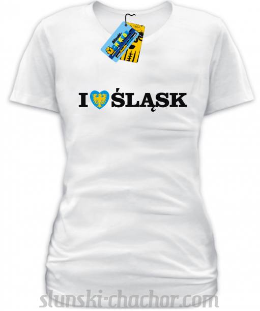Klasyczna koszulka z napisem I love Śląsk od firmy Ślunski Chachor. Występuje w wielu kolorach, nie tylko w białym, ale też w niebieskim, żółtym, zielonym. Cena: 29,99 zł