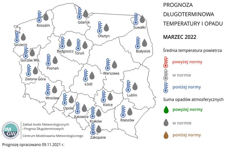 Prognoza średniej miesięcznej temperatury powietrza i miesięcznej sumy opadów atmosferycznych na styczeń 2022 r. dla wybranych miast w Polsce