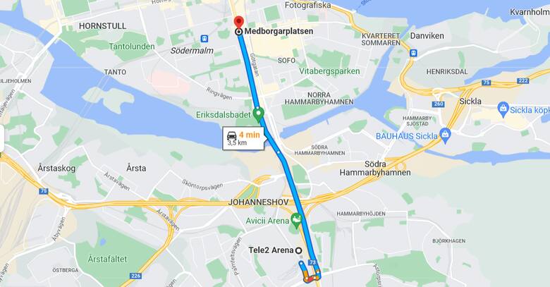 Tak wygląda drogowa trasa z placu na stadion w stolicy Szwecji