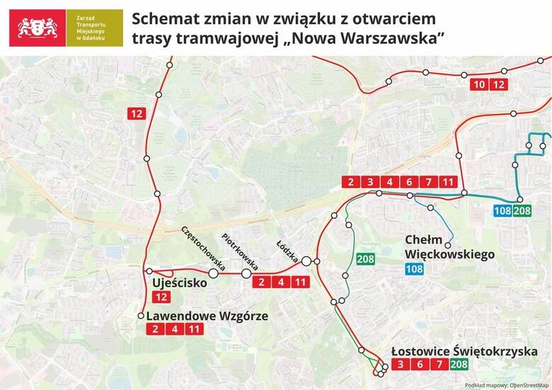 Schemat zmian w związku z otwarciem trasy tramwajowej "Nowa Warszawska"