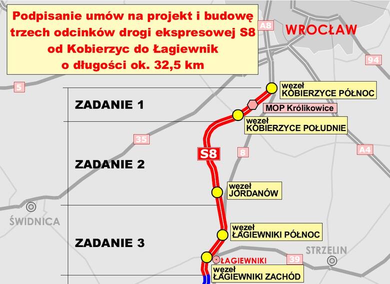 Tak będzie przebiegać droga ekspresowa S8 na odcinku Kobierzyce - Łagiewniki.