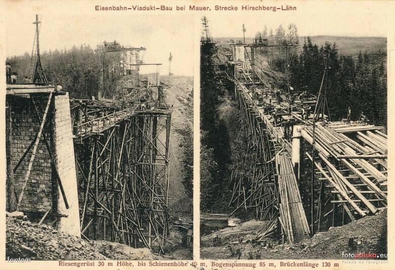 1901 rok. Widok na rzekę Bóbr we Wleniu i fragment budowanj linii kolejowej
